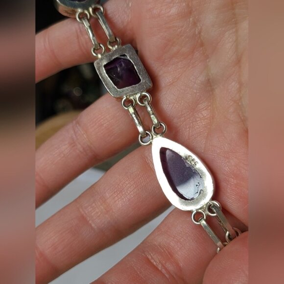 Vintage Boho Purple Amethyst Gemstone Chunky Sterling Silver Chain Bracelet - Picture 9 of 9